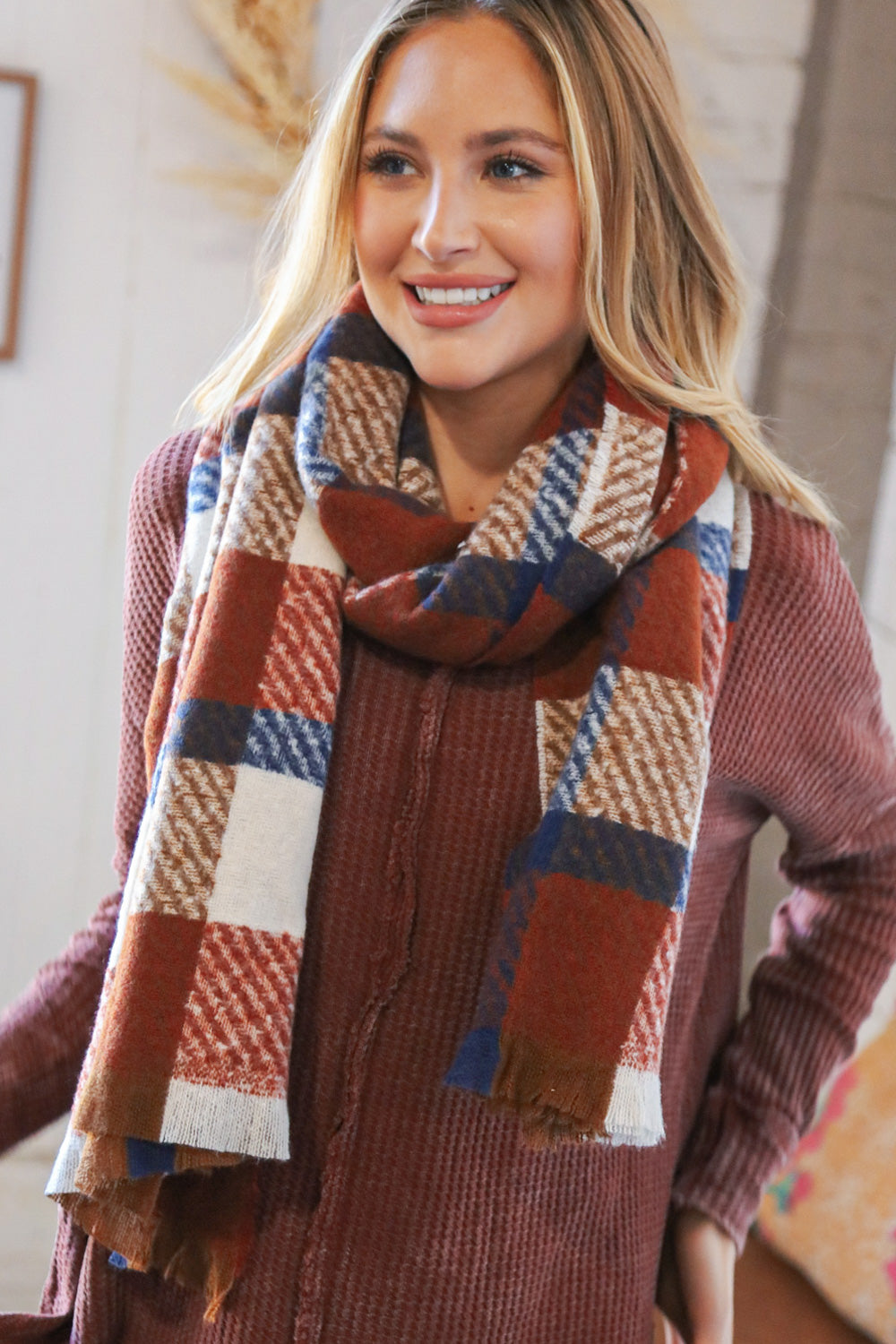 Rust Plaid Oblong Frayed Hacci Scarf