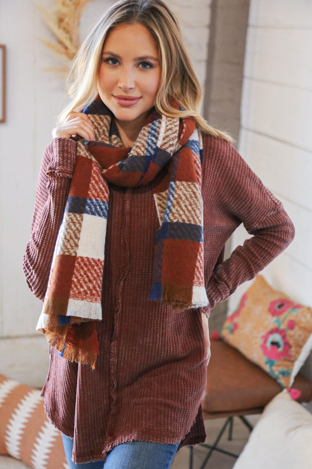 Rust Plaid Oblong Frayed Hacci Scarf