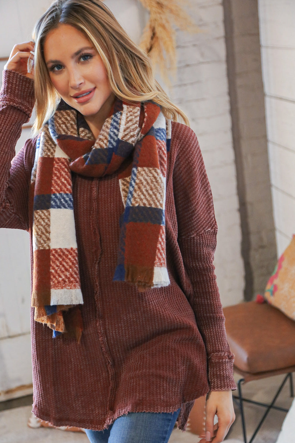 Rust Plaid Oblong Frayed Hacci Scarf