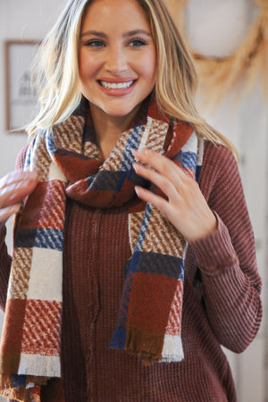 Rust Plaid Oblong Frayed Hacci Scarf