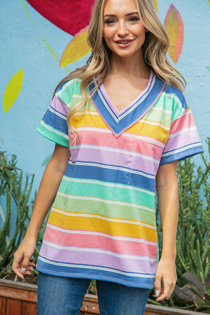 Multicolor Wide V Neck Outseam Front Pocket Top