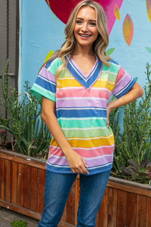 Multicolor Wide V Neck Outseam Front Pocket Top