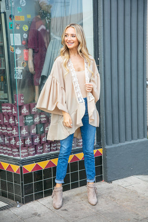 Taupe Lace Crepe Woven Ruffle Sleeve Open Kimono