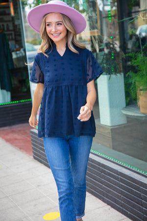 Navy Swiss Dot Chiffon Crochet Detailed Lined Top