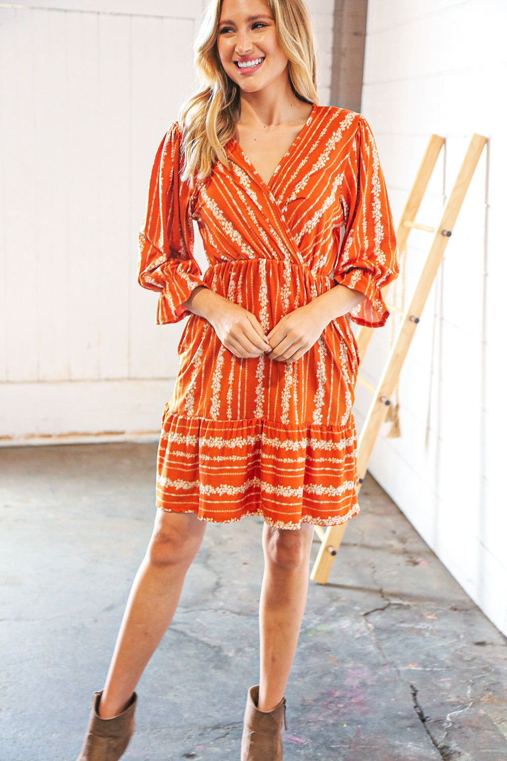 Persimmon Stripe Floral Surplice Fit & Flare Ruffle Dress