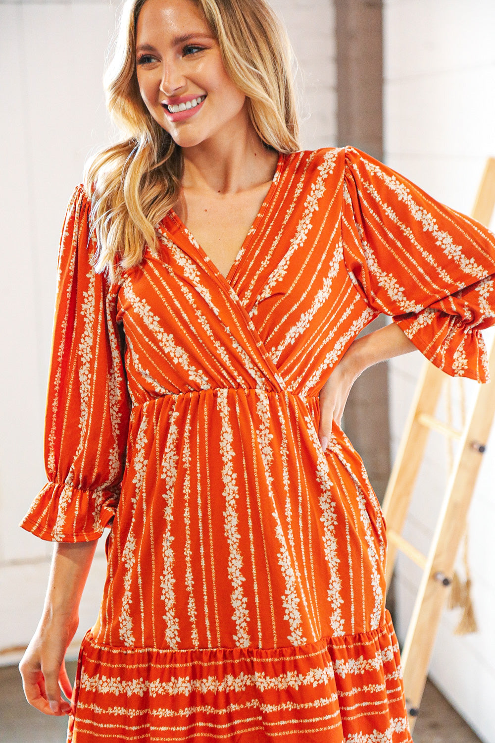 Persimmon Stripe Floral Surplice Fit & Flare Ruffle Dress