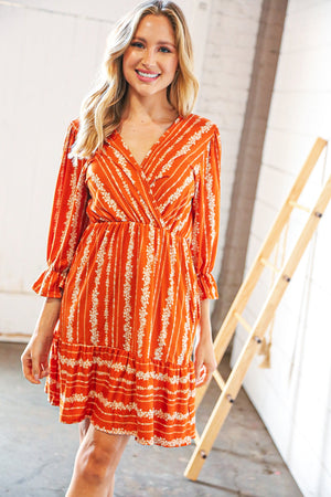 Persimmon Stripe Floral Surplice Fit & Flare Ruffle Dress