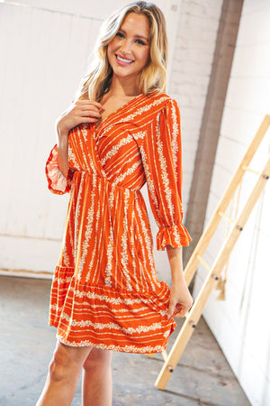 Persimmon Stripe Floral Surplice Fit & Flare Ruffle Dress