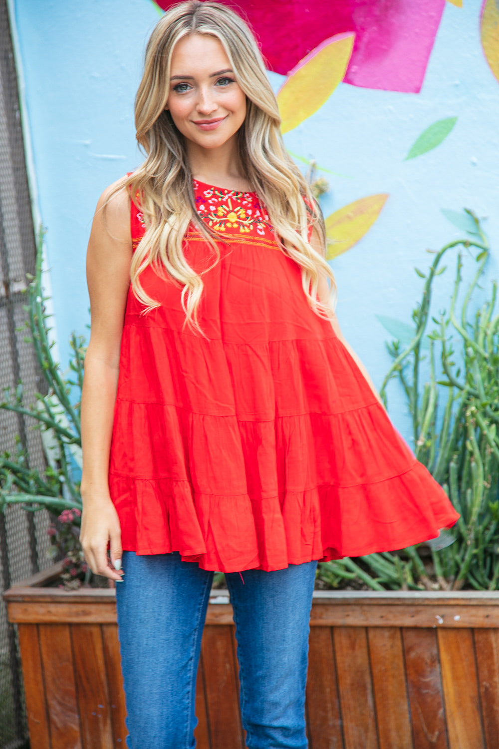 Red Pleated Woven Embroidered Tiered Sleeveless Top