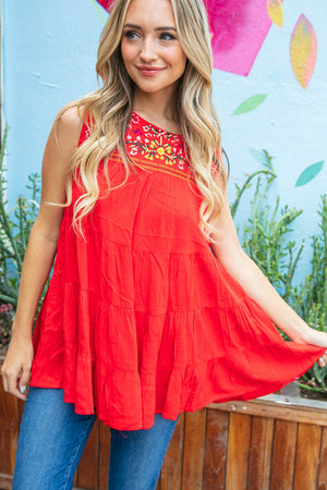 Red Pleated Woven Embroidered Tiered Sleeveless Top