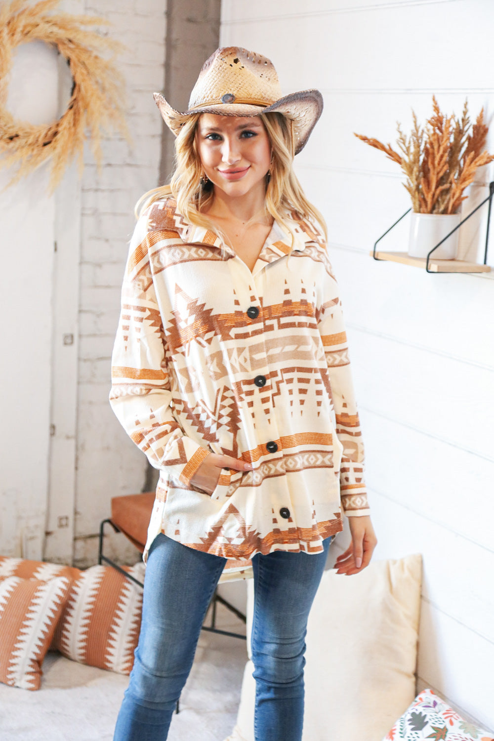 Tribal Cream Textured Waffle Button Down Jacket