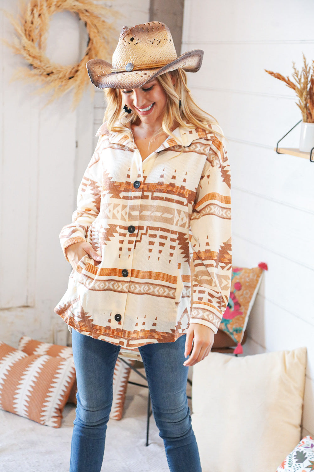 Tribal Cream Textured Waffle Button Down Jacket