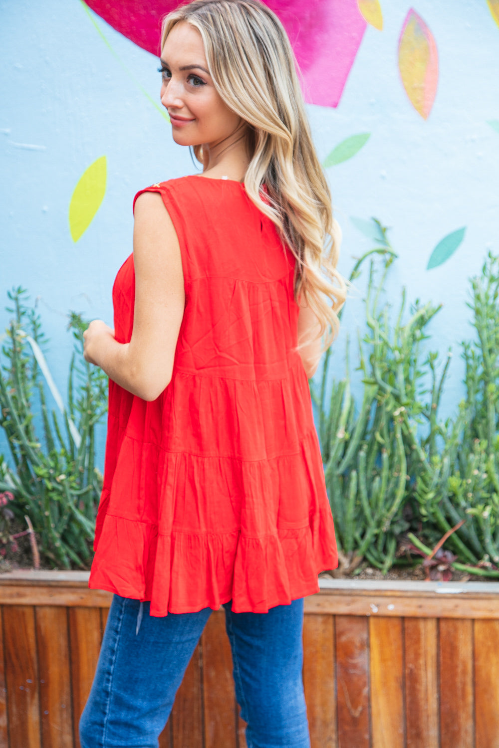 Red Pleated Woven Embroidered Tiered Sleeveless Top