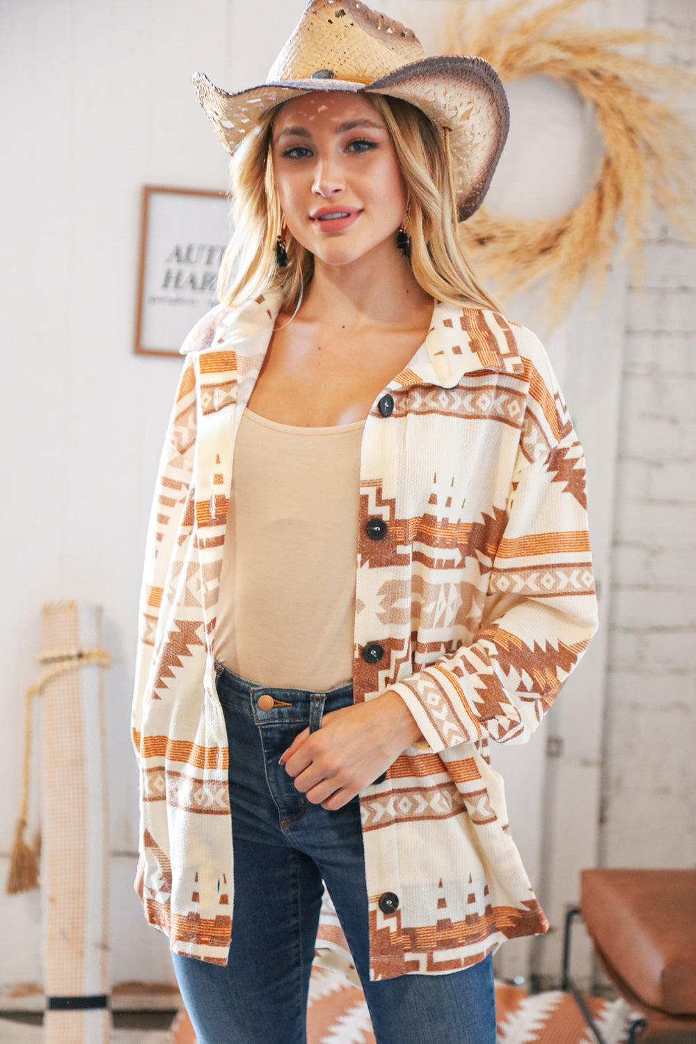 Tribal Cream Textured Waffle Button Down Jacket