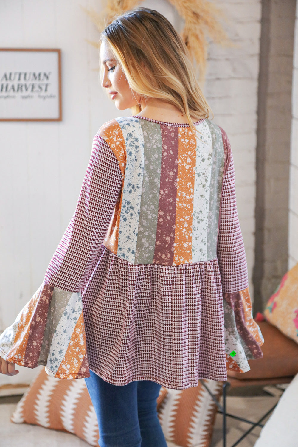 Burgundy Floral Stripe Two Tone Bell Sleeve Knit Top