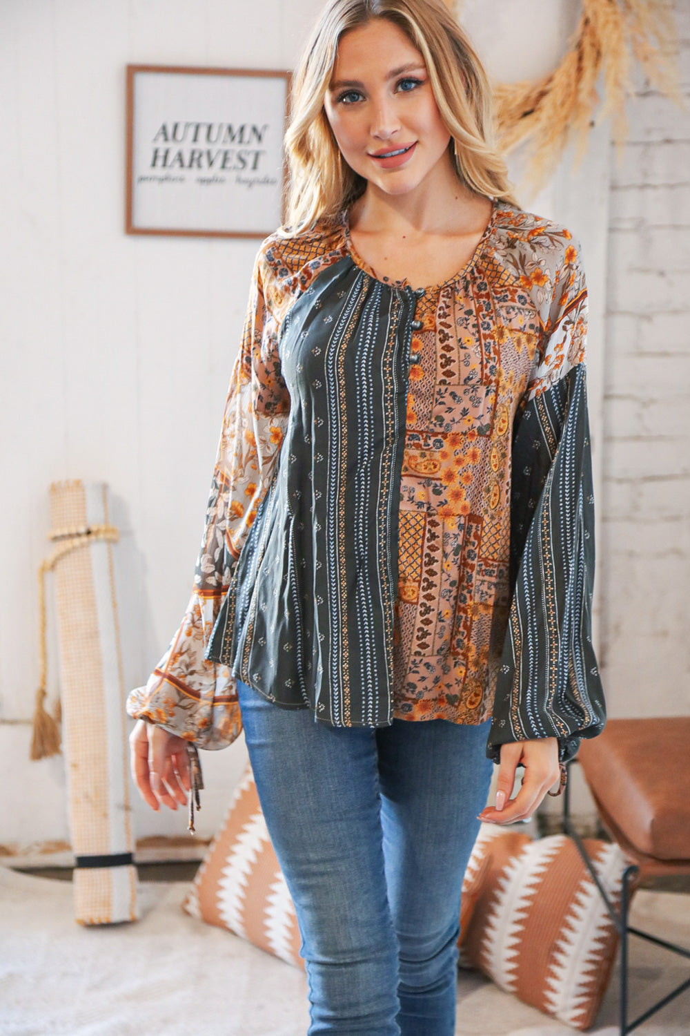 Ethnic Floral Color Block Button Down Top