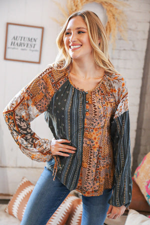 Ethnic Floral Color Block Button Down Top