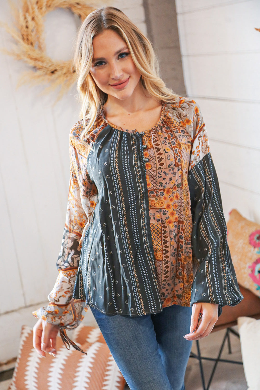 Ethnic Floral Color Block Button Down Top