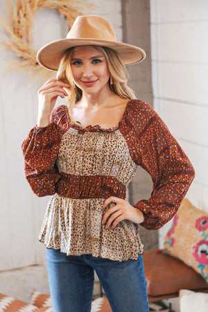 Taupe & Rust Boho Floral Chiffon Tiered Woven Blouse