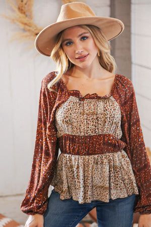 Taupe & Rust Boho Floral Chiffon Tiered Woven Blouse