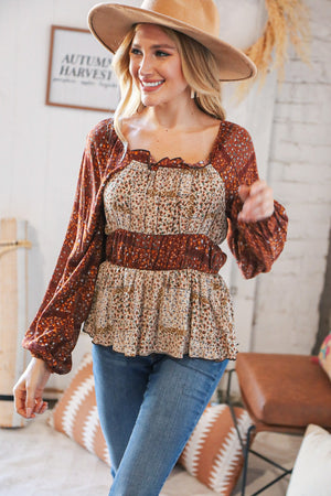 Taupe & Rust Boho Floral Chiffon Tiered Woven Blouse