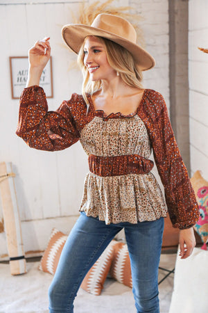 Taupe & Rust Boho Floral Chiffon Tiered Woven Blouse