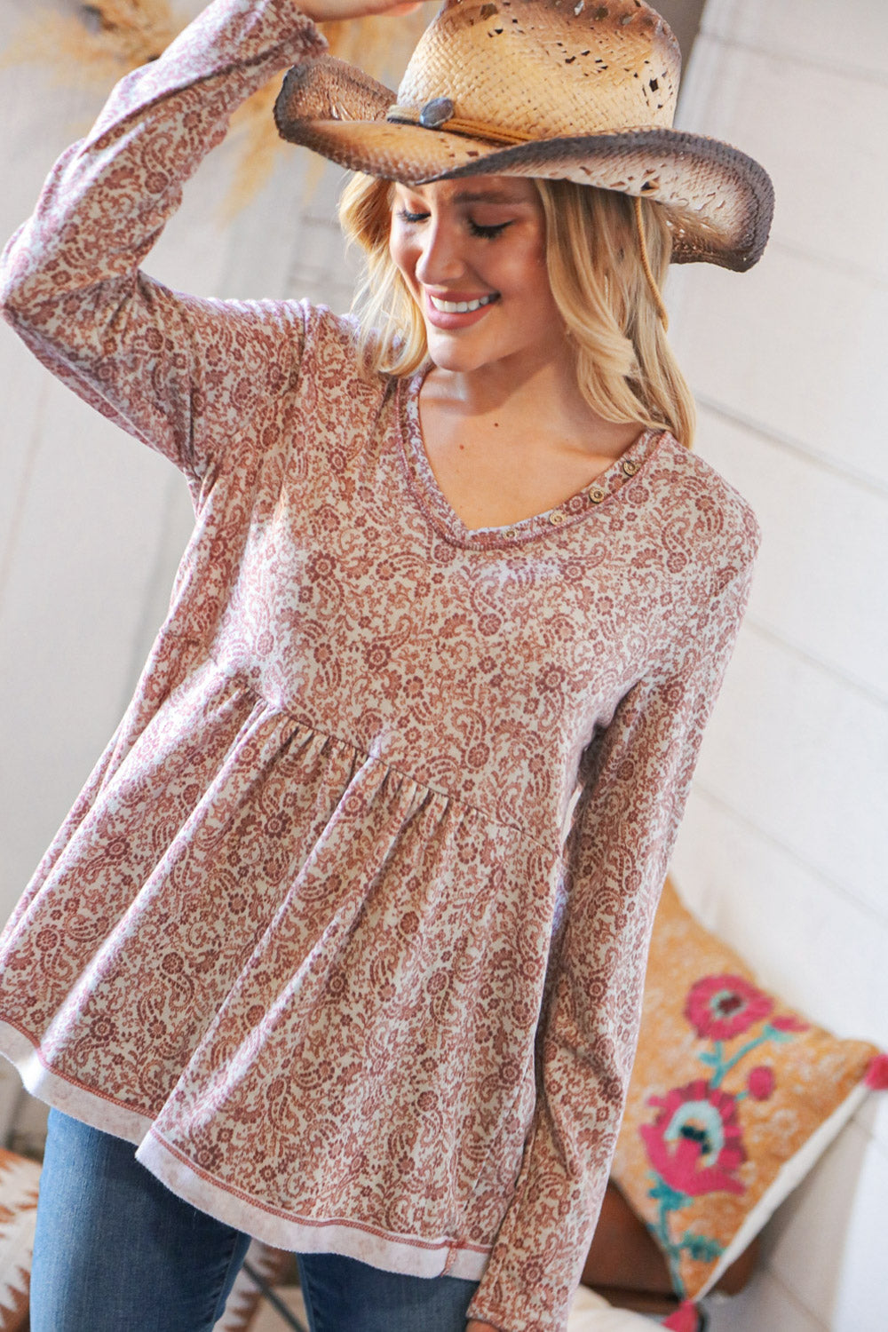 Grey/Mauve Boho Paisley Print Babydoll Top