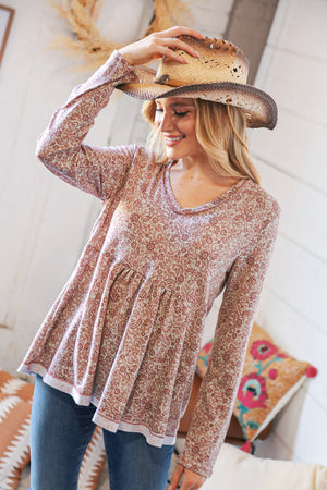 Grey/Mauve Boho Paisley Print Babydoll Top