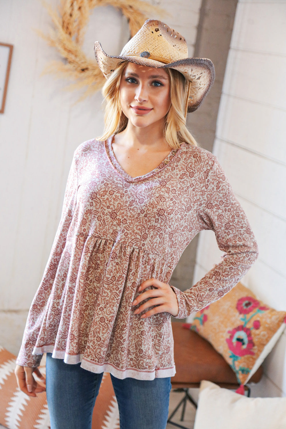 Grey/Mauve Boho Paisley Print Babydoll Top