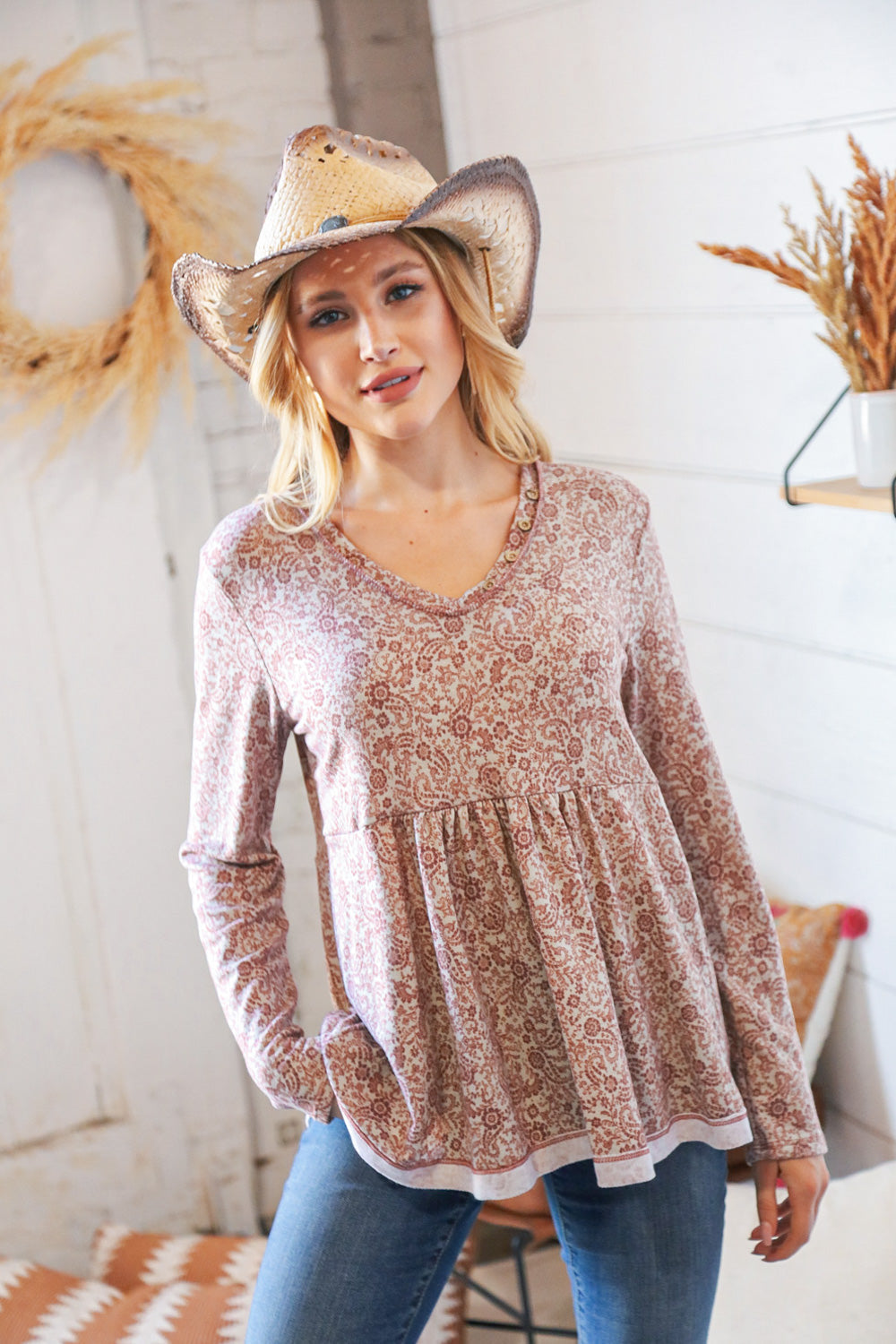 Grey/Mauve Boho Paisley Print Babydoll Top