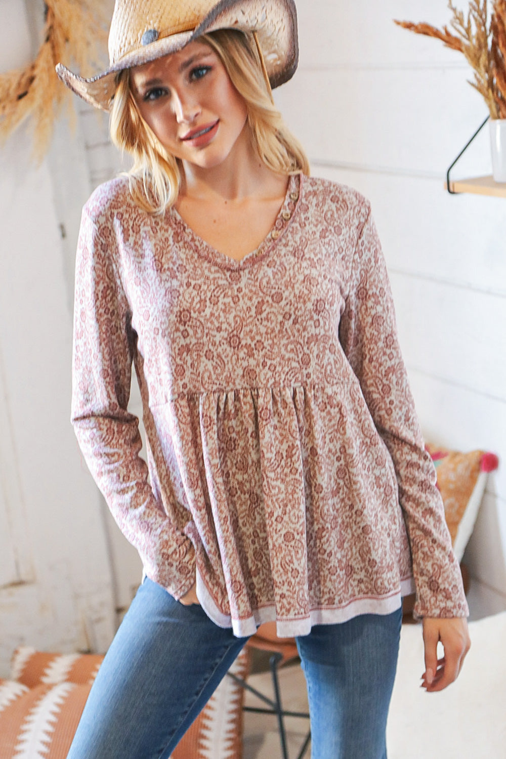 Grey/Mauve Boho Paisley Print Babydoll Top