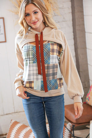 Plaid Patchwork Peekaboo Cut Out Hoodie