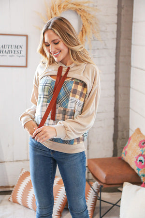 Plaid Patchwork Peekaboo Cut Out Hoodie