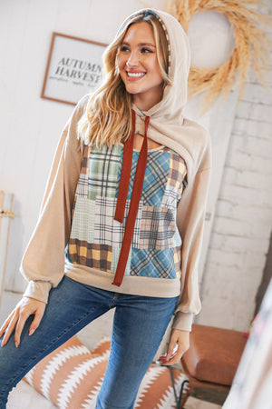 Plaid Patchwork Peekaboo Cut Out Hoodie