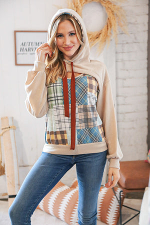 Plaid Patchwork Peekaboo Cut Out Hoodie