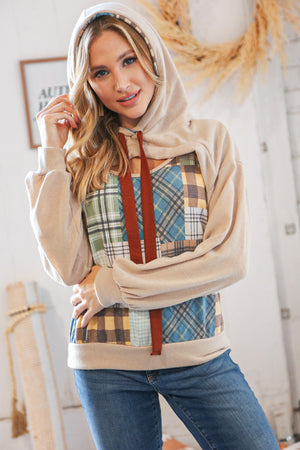 Plaid Patchwork Peekaboo Cut Out Hoodie