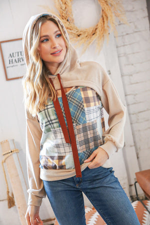 Plaid Patchwork Peekaboo Cut Out Hoodie