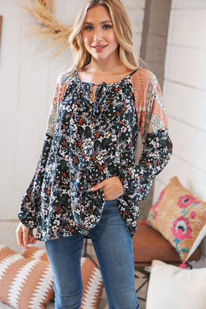 Boho Floral Ethnic Print Front Tie Woven Blouse