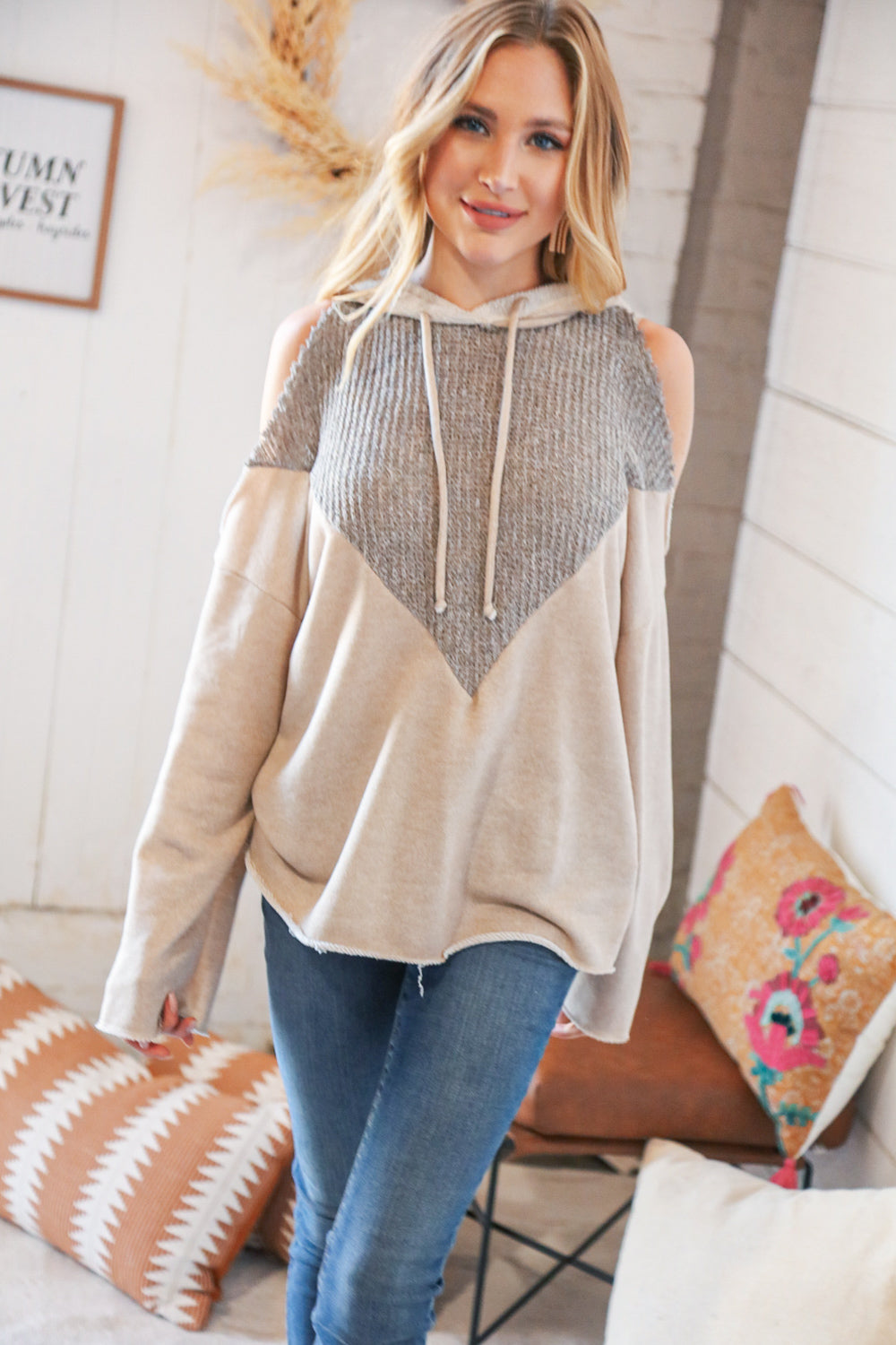 Beige Terry Cold Shoulder Cut-Edge Loose Knit Hoodie