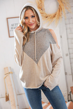 Beige Terry Cold Shoulder Cut-Edge Loose Knit Hoodie