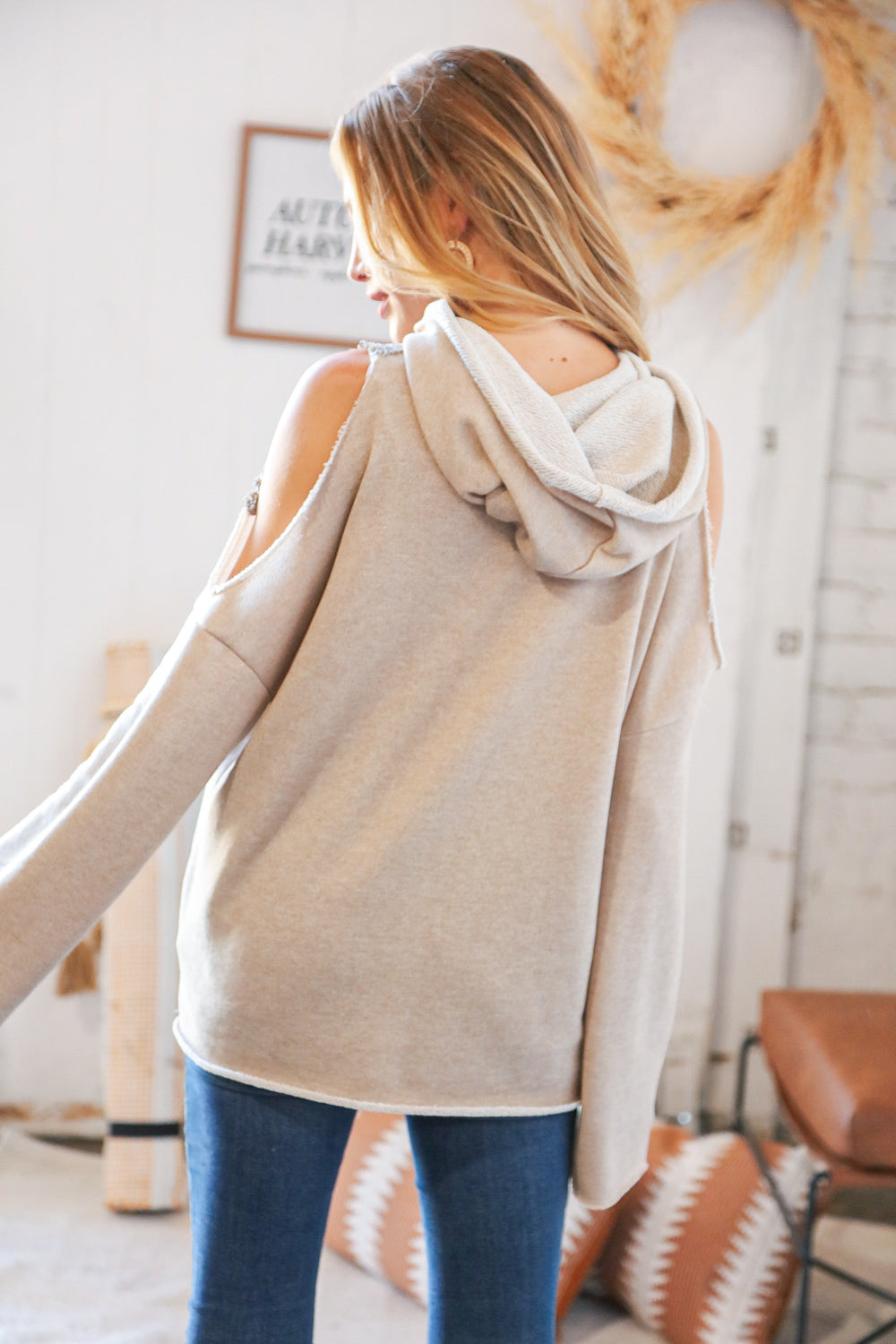 Beige Terry Cold Shoulder Cut-Edge Loose Knit Hoodie