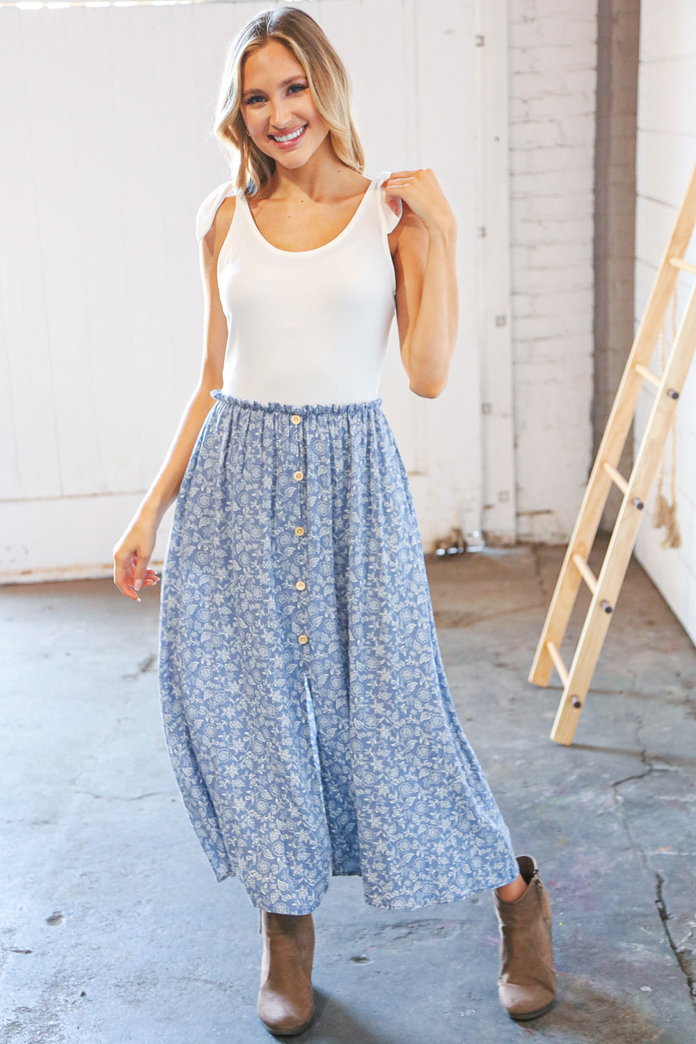 Cream/Denim Two Fer Slit Frill Button Detail Maxi Dress