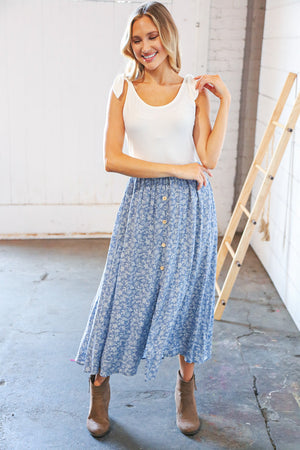 Cream/Denim Two Fer Slit Frill Button Detail Maxi Dress