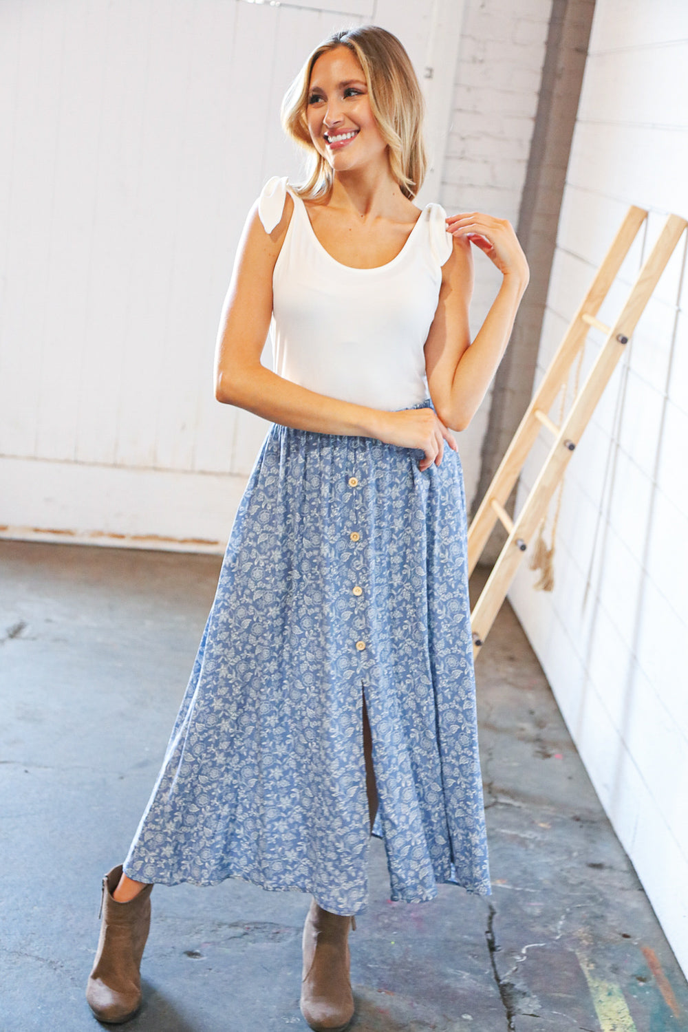 Cream/Denim Two Fer Slit Frill Button Detail Maxi Dress