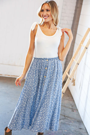 Cream/Denim Two Fer Slit Frill Button Detail Maxi Dress