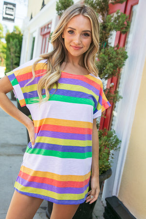 Multicolor Stripe Round Neck Cap Sleeve Top