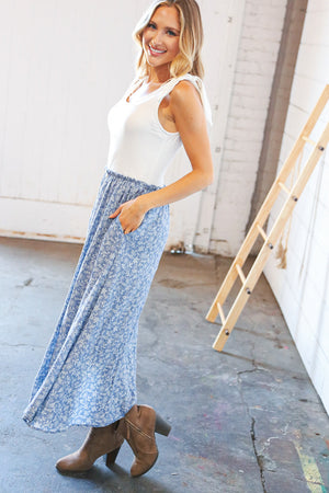 Cream/Denim Two Fer Slit Frill Button Detail Maxi Dress