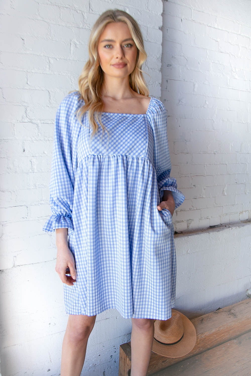 Blue Jacquard Plaid Square Neck Ruffle Sleeve Dress