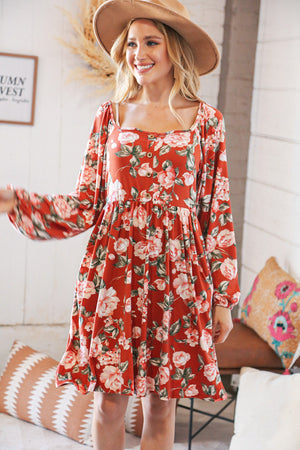 Red Rust Floral Square Neck Button Babydoll Dress