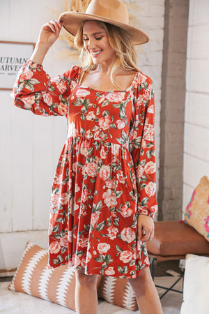 Red Rust Floral Square Neck Button Babydoll Dress